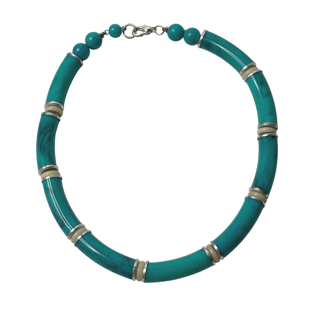 VTG Turquoise Blue Resin Tube Bead Chunky‎ Statement Necklace Silver Tone 14.5"